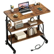 Soges 31.5 Height Adjustable Computer Desk with Charging Station, Adjustable Side Table Movable Laptop Desk with 2 Storage Shelves, Adjustable Desk on Wheels for Home Office, Sofa, Bed, Rustic Brown