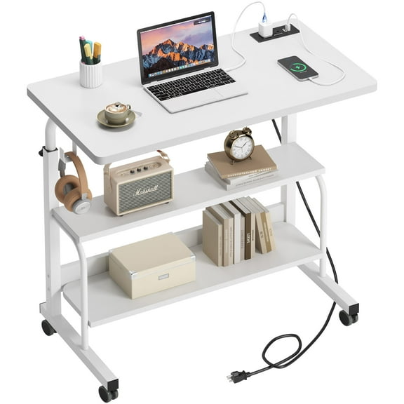 Soges 31.5" Height Adjustable Computer Desk with Charging Station, Adjustable Side Table Movable Laptop Desk with 2 Storage Shelves, Adjustable Desk on Wheels for Home Office, Sofa, Bed, White