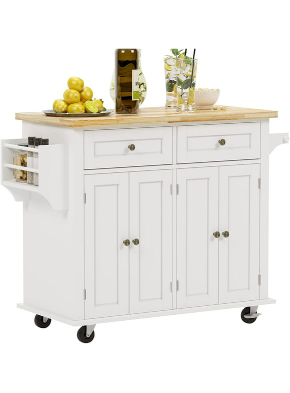 Soges 35" Kitchen Island Rolling Island Cart with Lockable Casters, Brown Wood Top Storage Trolley Cart White