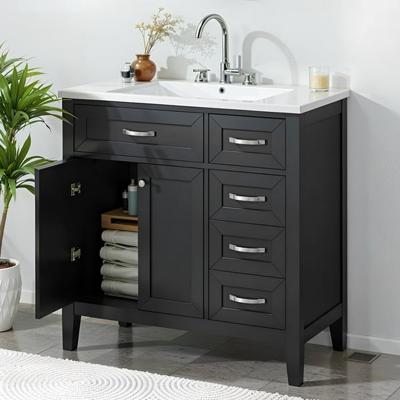 Soges 36" Bathroom Vanity with Sink Combo, Solid Wood Bathroom Makeup Cabinet with Door, Adjustable Shelf and 5 Drawers, Free Standing Single Basin Vanity Set, Durable & Easy to Clean, Black
