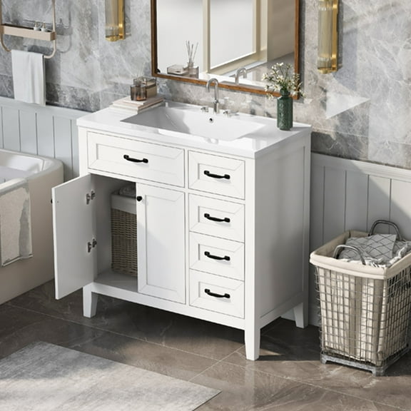 Soges 36" Bathroom Vanity with Sink Combo, Solid Wood Bathroom Makeup Cabinet with Door, Adjustable Shelf and 5 Drawers, Free Standing Single Basin Vanity Set, Durable & Easy to Clean, White