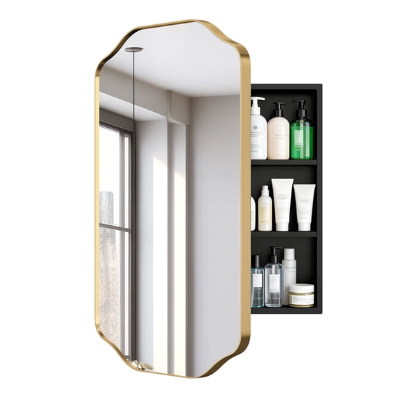 Soges 36"x24" Bathroom Medicine Cabinet with Mirror, Wall Mounted Bathroom Storage with Recessed/Surface Mount Options, Gold Metal Frame with Distressed Finish, Easy Installation