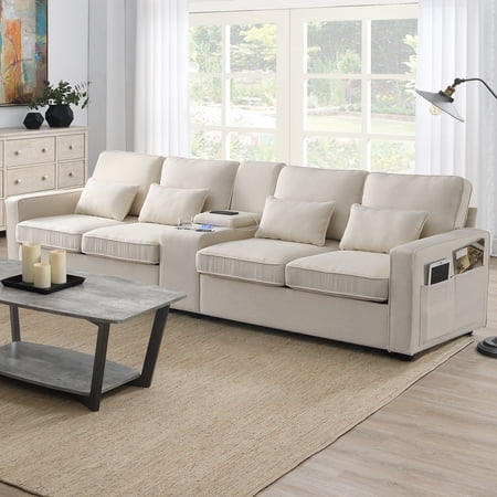 Soges 4-Seat Sofa for Living Room, Upholstered Sofa with 2 Cupholders and 2 USB Ports, 114" Sofa Set with Square Armrest, Beige