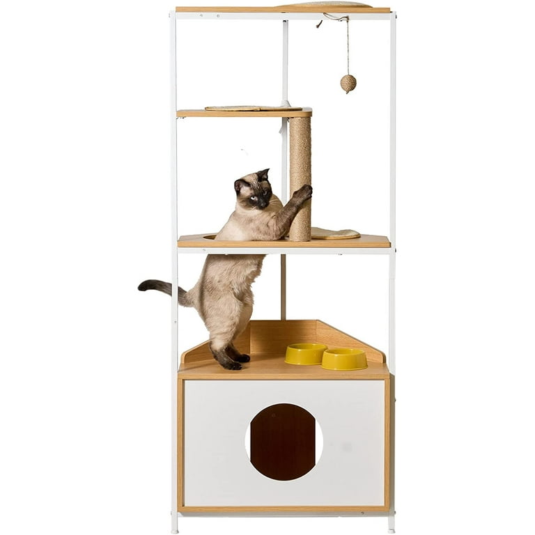 Soges 4 Tier Cat Tree for Corner Cat Tree Tower with Scratching Post Cat Litter Box with Feeding Station and Climbing Platforms