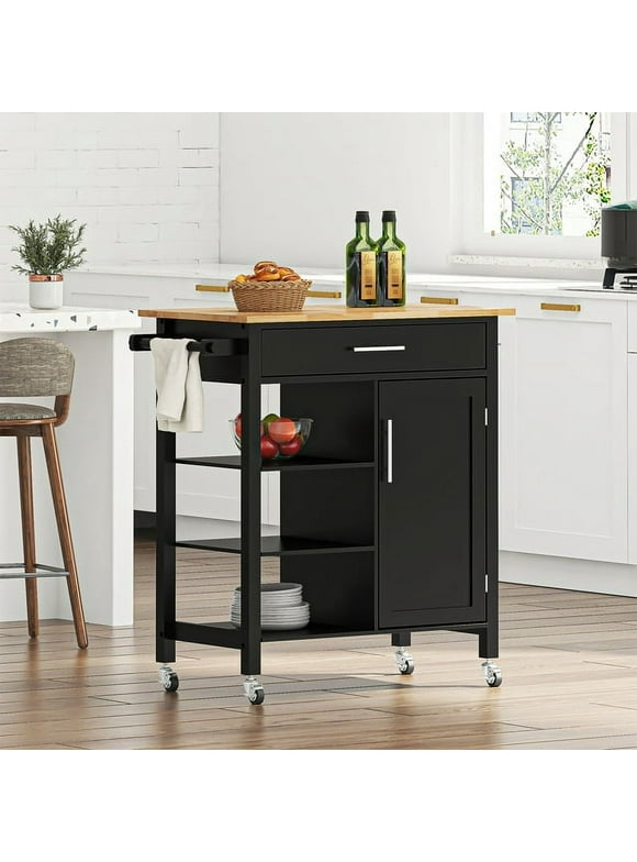 Soges 4-Tier Wood Kitchen Island Trolley Cart With Hidden Cabinets, Wine Rack Towel Rails and Drawer, Black