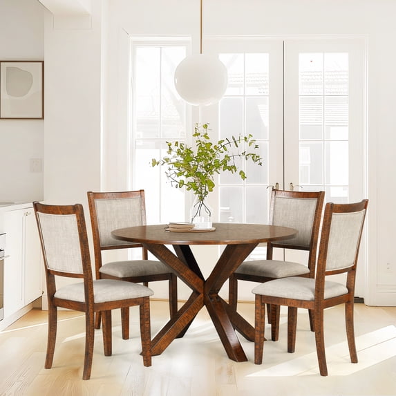 Soges 47" Round Dining Table Solid Wood Dining Table Textured Designs for Kitchen Dining Room, Rustic Brown