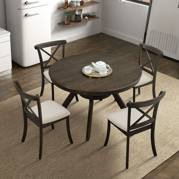 Soges 5 Piece Round Dining Table Set for 4, Mid-Century 47.24" Modern Kitchen Table with 4 Upholstered Dining Chairs for Home, Apartment, Space Saving, Farmhouse Dining Table Set,BROWN