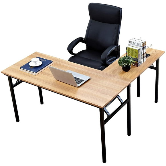 Soges 55 inches L-Shaped Computer Desk One-Step Assembly Large L Desk Teak & Black