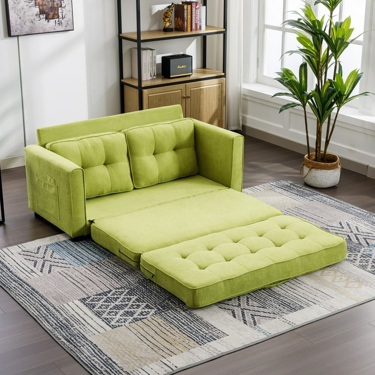 Soges 60 Loveseat Sofa with Pull Out Bed Modern Upholstered Couch with Side Pocket for Living Room Office Green