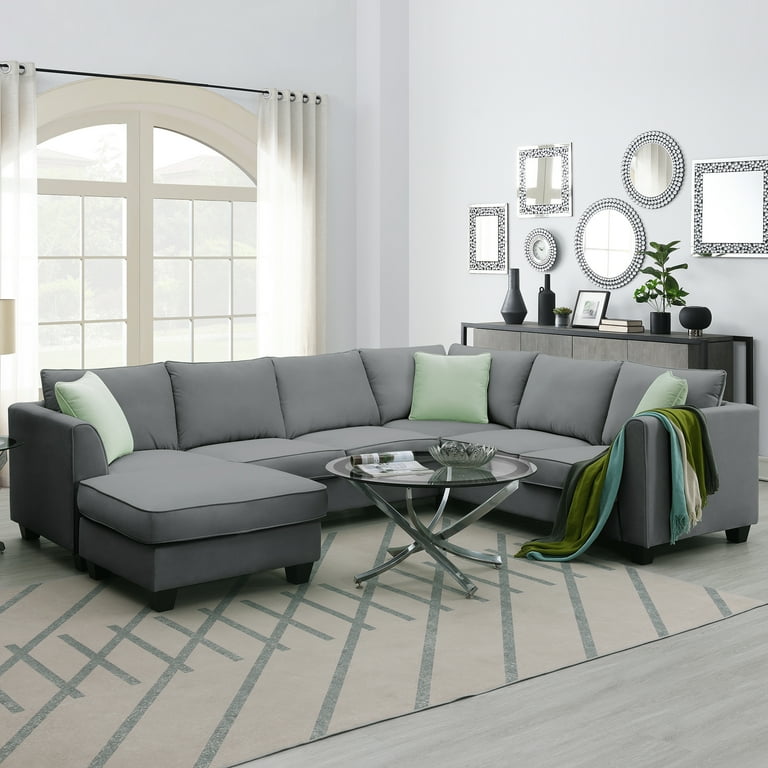 7 Seats L Shape Corner Sectional Sofa Couches Sets with 3 Pillows and Ottoman Grey
