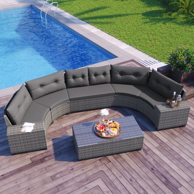 Soges 8pieces Outdoor Wicker Sofa Set, Curved Sofa Set With Glass