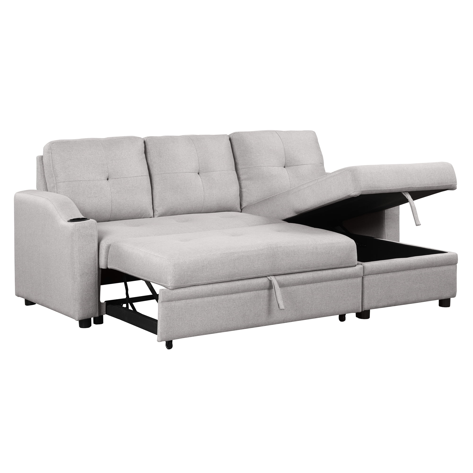 Soges 80" Pull Out Sofa Bed L Shape Sofa with Storage Chaise and Cup Holder, Linen Fabric 3