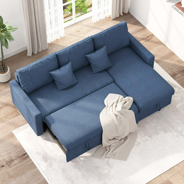 Soges 85" PullOut Sleeper Sofa Bed with Underneath Storage, L Shape Convertible Couch, Blue