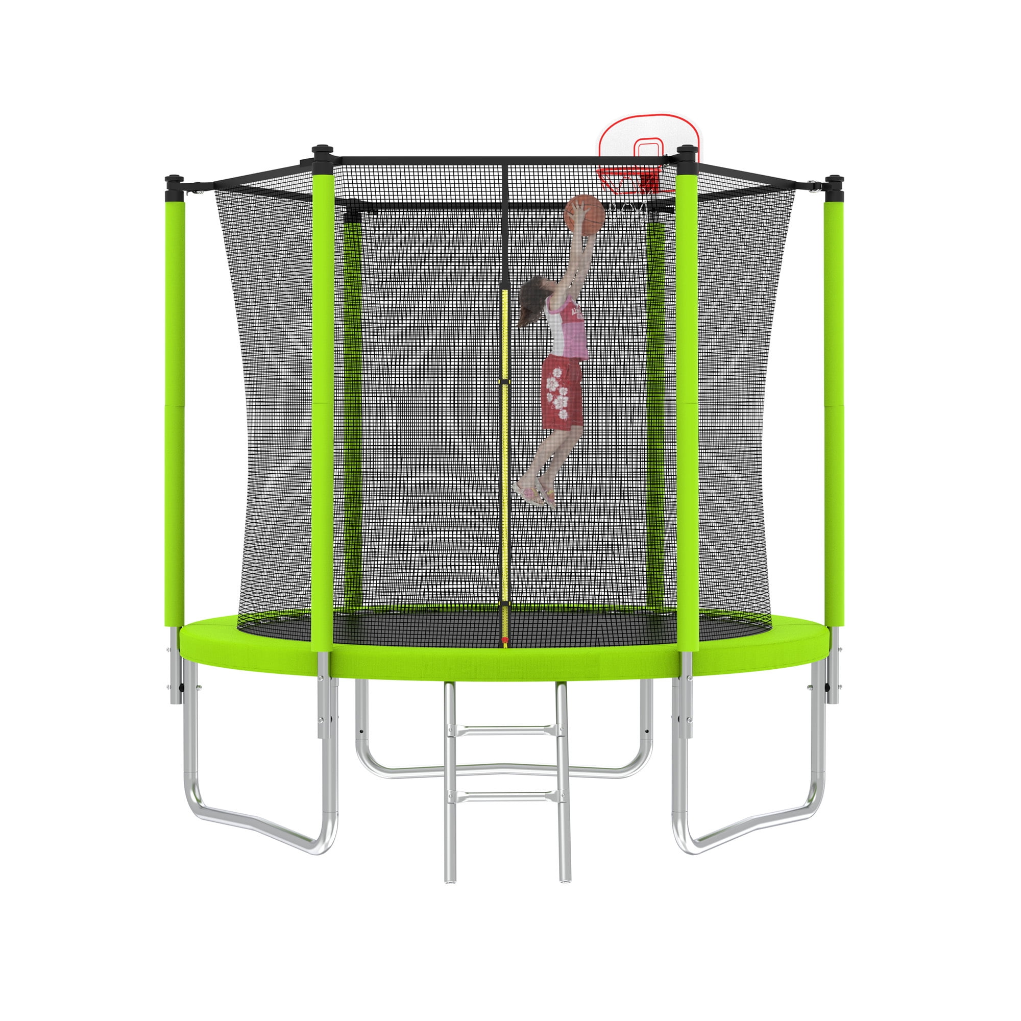 Soges 8FT Trampoline with Basketball Hoop Safety Enclosure Net for Kids, Trampoline with Jumping Mat and Spring Cover Padding, Trampoline Capacity for 2-3 Kids, Green