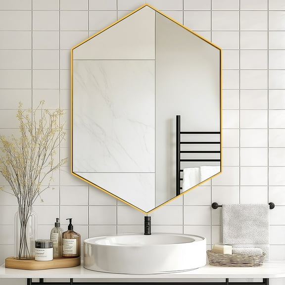 Soges Bathroom Medicine Cabinet with 3 Adjustable Storage Shelves, Wall Mounted Mirror Cabinet, Built-In Mirror Cabinet Medicine Cabinet, Hexagonal Bathroom Mirror Cabinet, 24x34 Inches, Gold