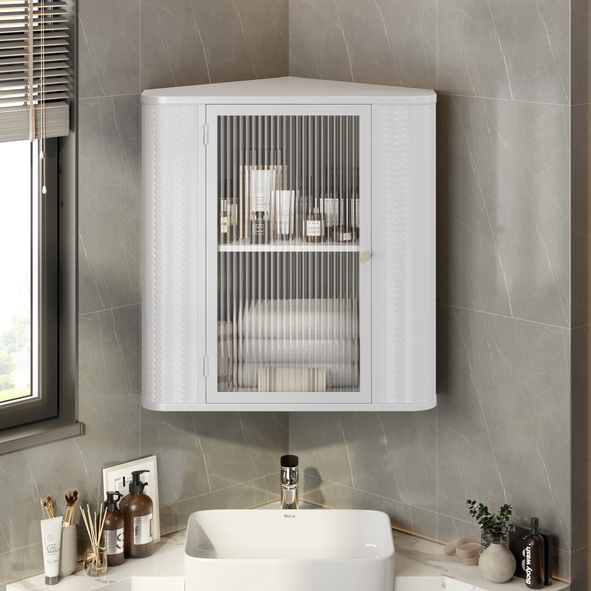 Soges Cornor Bathroom Medicine Cabinet, Metal Wall Mounted Storage Cabinet with 2 Shelves, Waterproof Storage Organizer for Makeup, Hanging Wall Cabinet for Bathroom,Laundry, Living Room,White