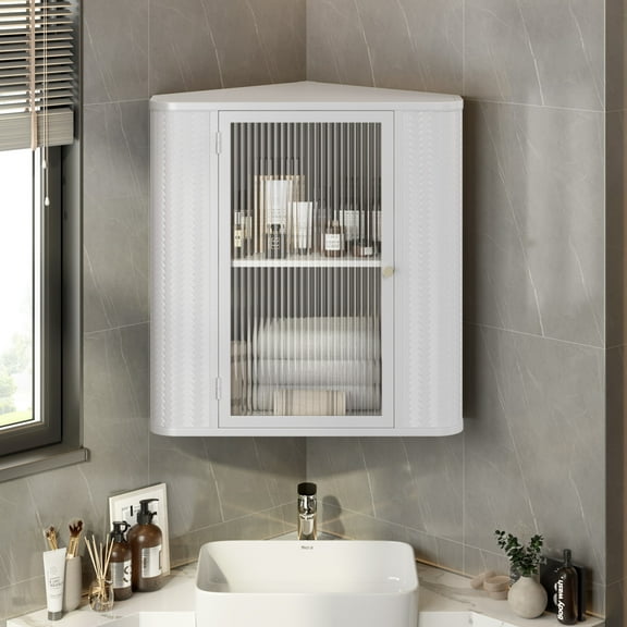 Soges Cornor Bathroom Medicine Cabinet, Metal Wall Mounted Storage Cabinet with 2 Shelves, Waterproof Storage Organizer for Makeup, Hanging Wall Cabinet for Bathroom,Laundry, Living Room,White