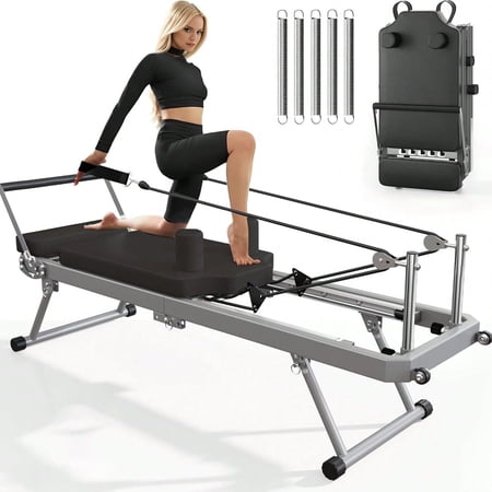 Soges Foldable Pilates Reformer Machine for Home Use, Portable Pilates Reformer Machine Equipment with Springs, Foldable Pilates Equipment for All Level Users, Up to 400lbs, Black