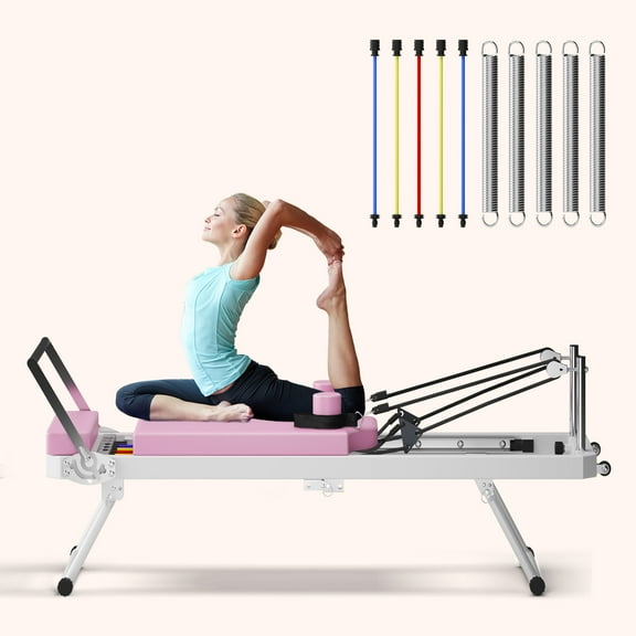 Soges Foldable Pilates Reformer Machine for Home Use, Portable Pilates Reformer Machine Equipment with Springs & colourful Elastic Cords,Pilates Equipment for All Level Users, Up to 330lbs, Pink