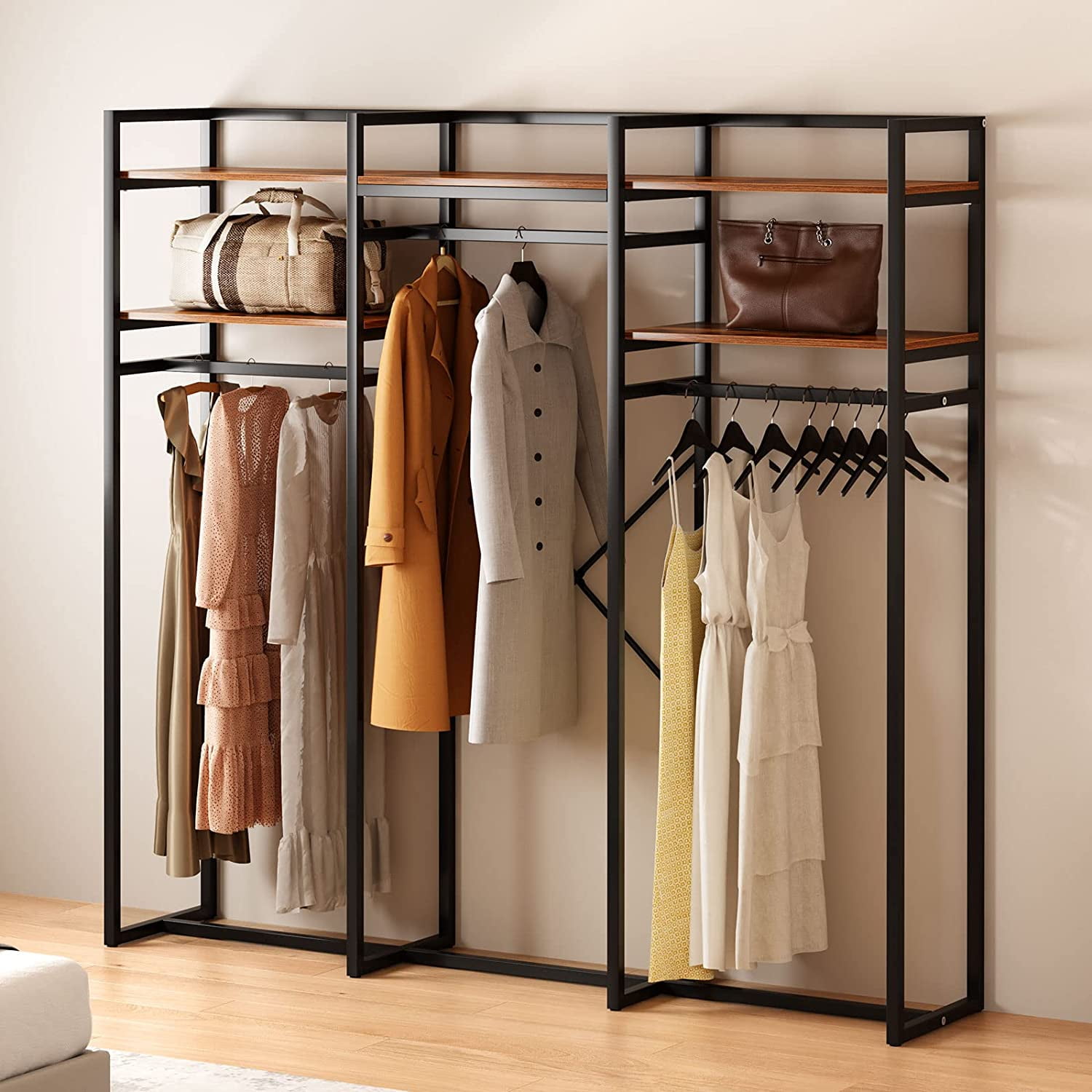 Black Metal Garment Clothes Rack with Shelves 74.8 in. W x 76.8 in. H