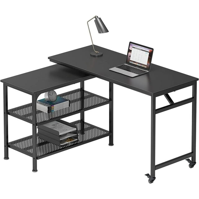 Soges LShaped Computer Desk with Open Shelves, Office Desk with 3 Tiers Storage Shelves