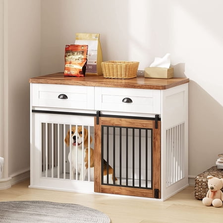 Soges Large Dog Crate 45" Wood Dog Kennel Modern Dog Cage Crate with Lockable Door, Indoor Dog House with Sliding Barn Door, White and Brown