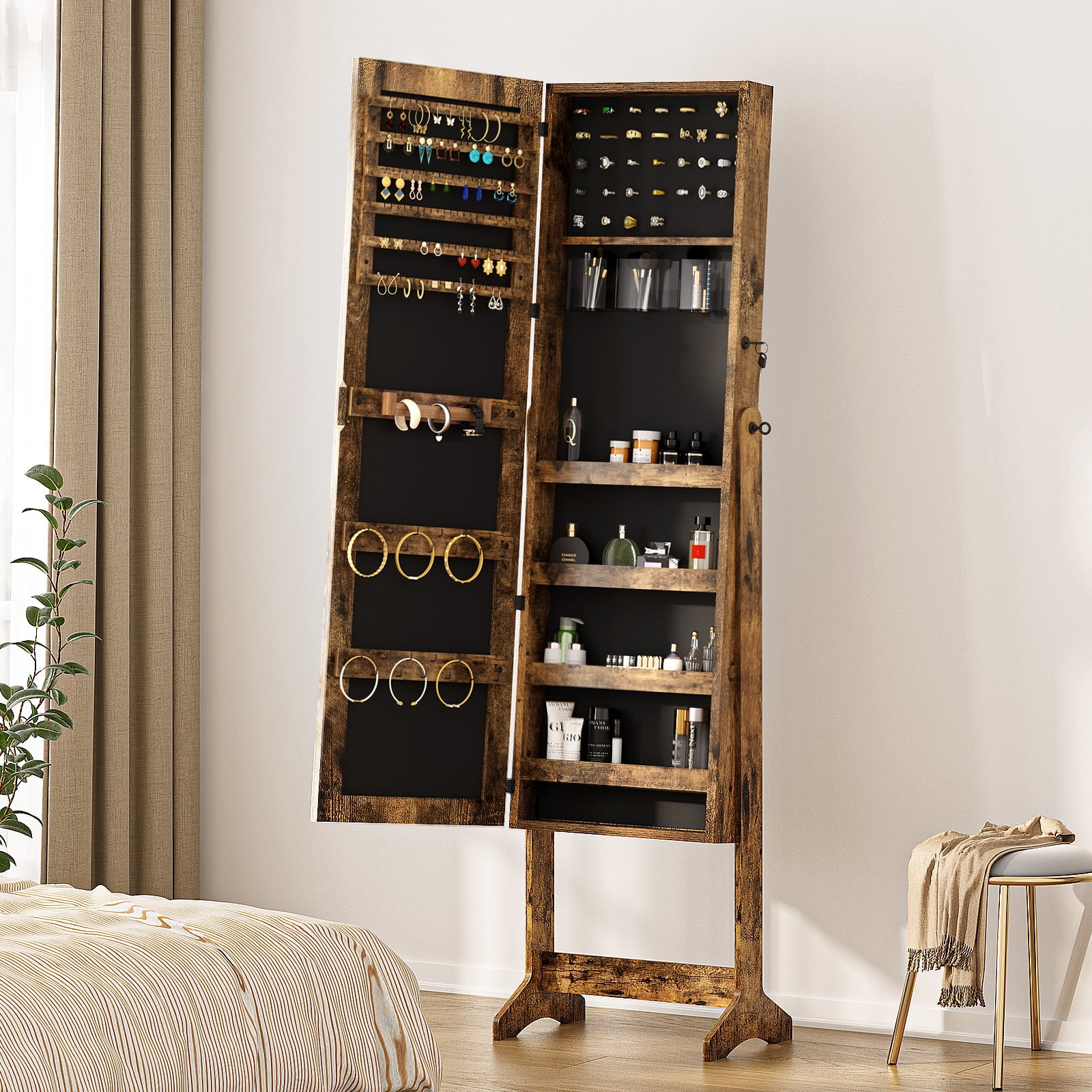 Soges Lockable Mirrored Jewelry Cabinet Armoire Organizer Storage with Stand Modern Cosmetic Mirror Cabinet Vintage Brown