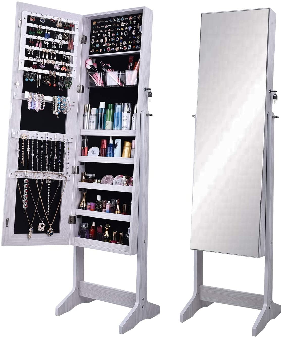 White MDF Lockable Mirrored Jewelry Cabinet Armoire with Stand