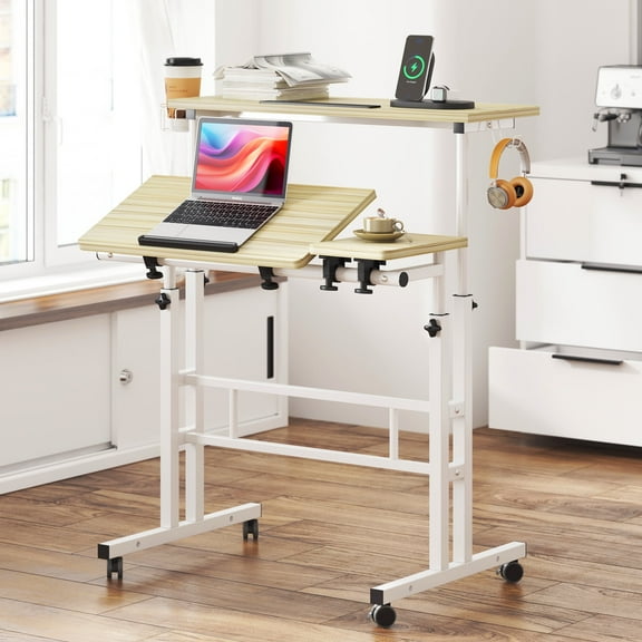 Soges Mobile Standing Desk with Cup Holder and Hooks, Portable Stand Up Desk, Adjustable Height Small Standing Desk, Rolling Desk with Wheels, Home Office Laptop Cart, Maple