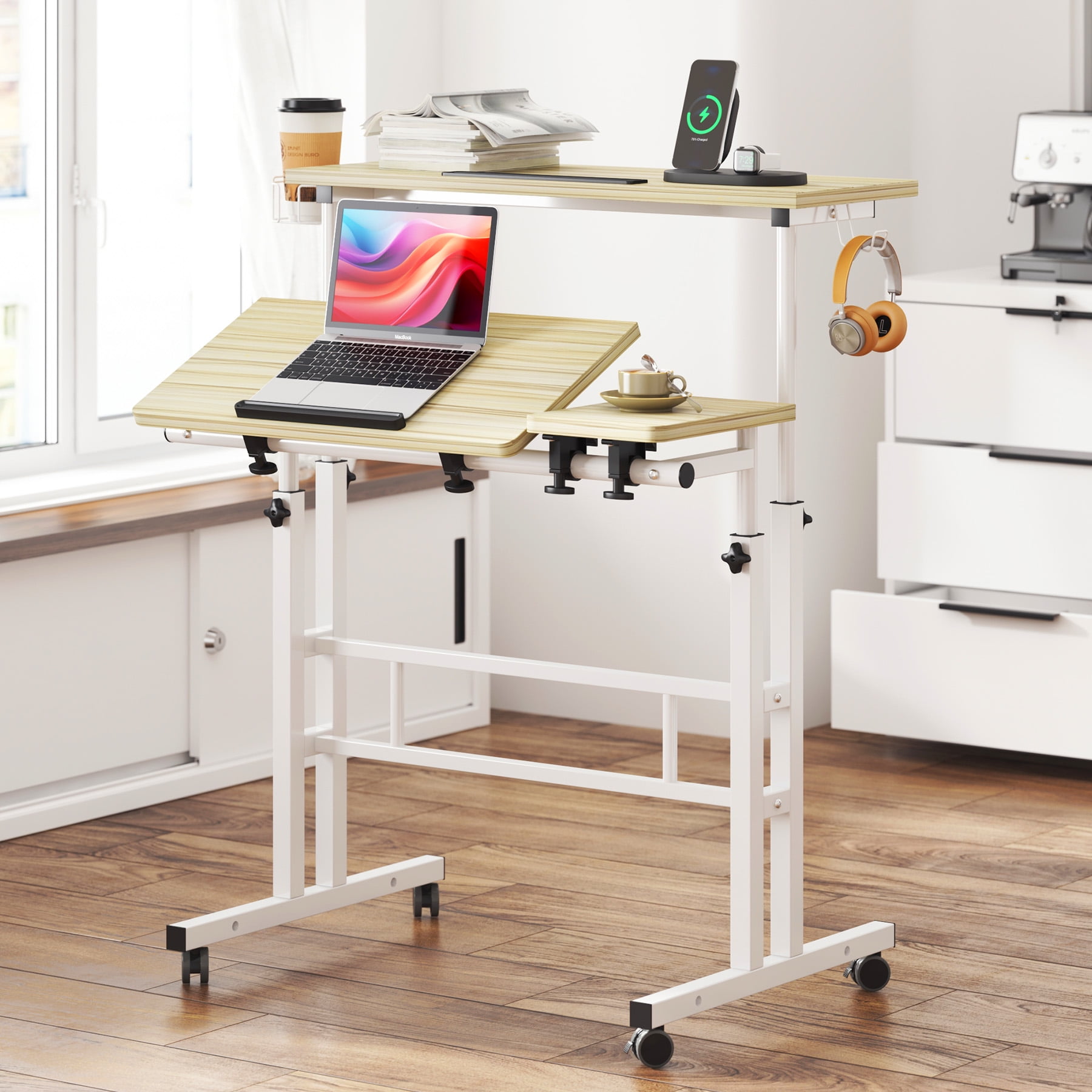 Soges Mobile Standing Desk with Cup Holder and Hooks, Portable Stand Up Desk, Adjustable Height