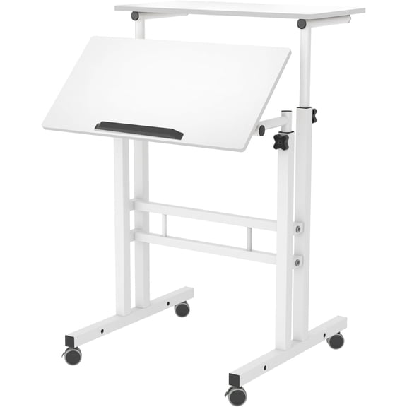 Soges Mobile Standing Desk, Height Adjustable Sit to Stand Desk, Portable Laptop Desk, 2-Tier Computer Workstation for Home Office, White