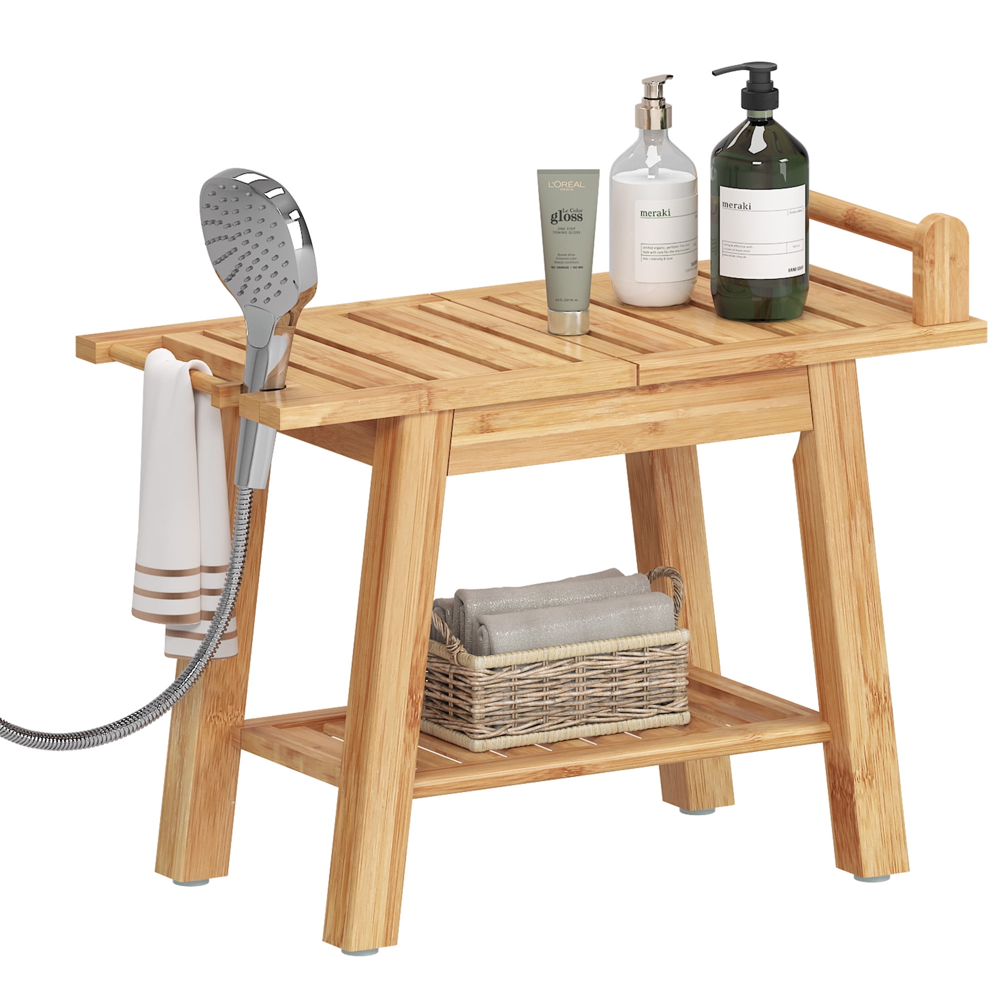 Soges MultiFunctional Wooden Bathroom Stool, Shower Chair Bamboo