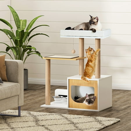 Soges Multi-functional Cat Climbing Frame with 3-Layer Platforms, Heavy-duty Sisal Scratching Posts, Detachable Cat Scratch Mat and Interactive Ball - Cat Climbing Frame