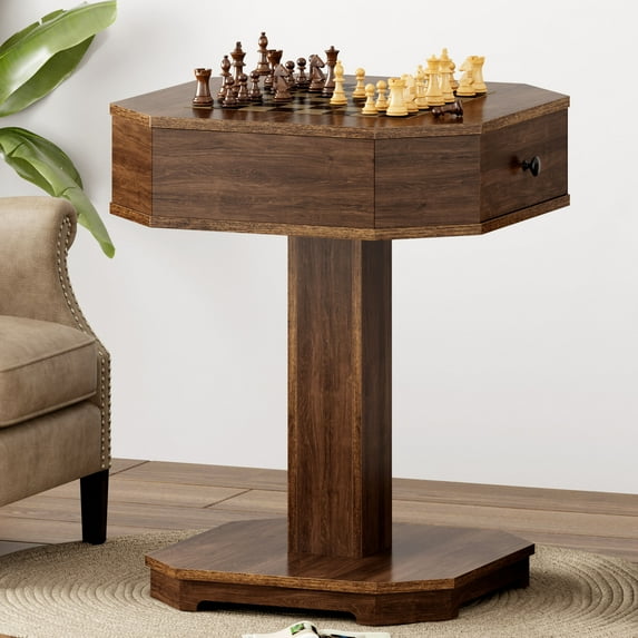 Soges Multifunctional Game Table Octagonal Chess Table with Drawers Wood Table with Chessboard