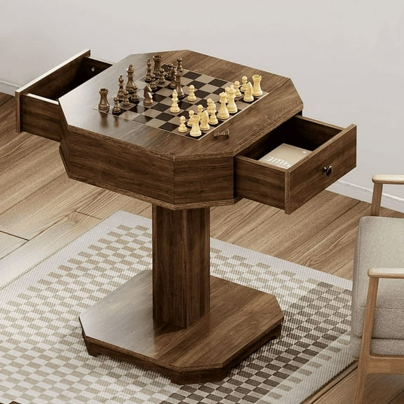 Soges Multifunctional Game Table Octagonal Chess Table with Drawers Wood Table with Chessboard(No chess pieces)