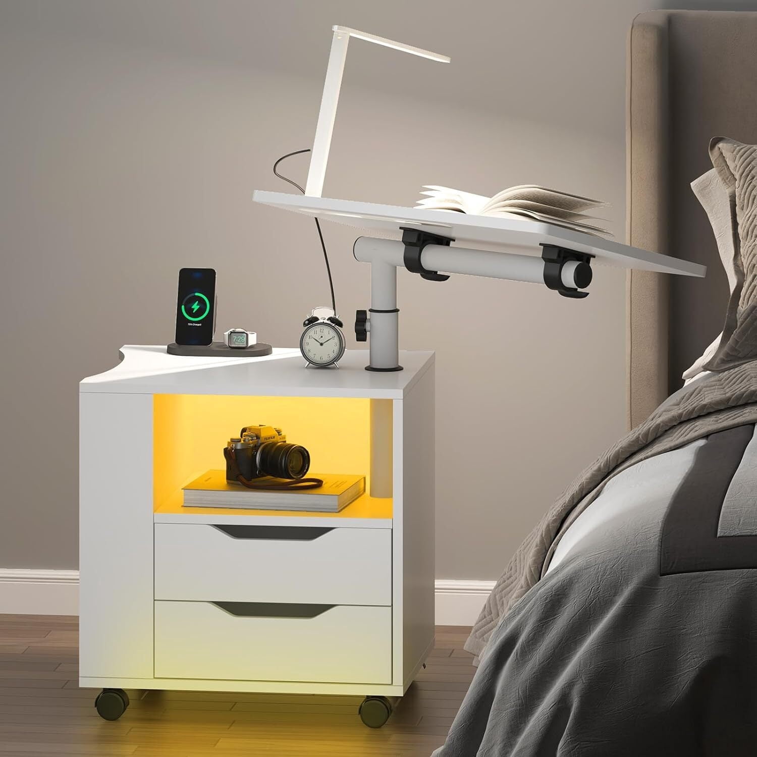Soges Nightstand with Drawers and LED Lights, Bedside Table with Lamp, USB Charging Ports, Height Adjustable Side Table with Wheels, Rolling End Table Overbed Table, White