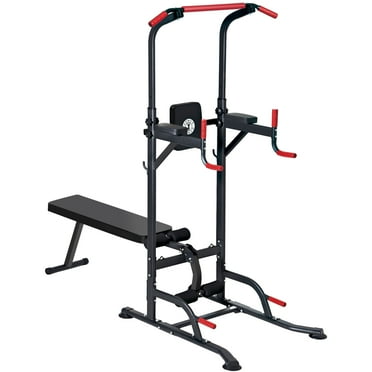 Power Tower With Weight Bench | Pull Up Bar Dip Station | Adjustable Home Gym Equipment With 4 Ropes - Red/Black