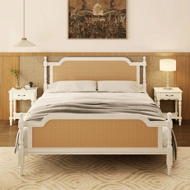 Soges Rattan King Size Bed Frame, Traditional Boho Cane Bed Platform Bed with Natural Rattan Headboard, Solid Wooden Slat Mattress Foundation, Noise Free, No Box Spring Needed, Antique White