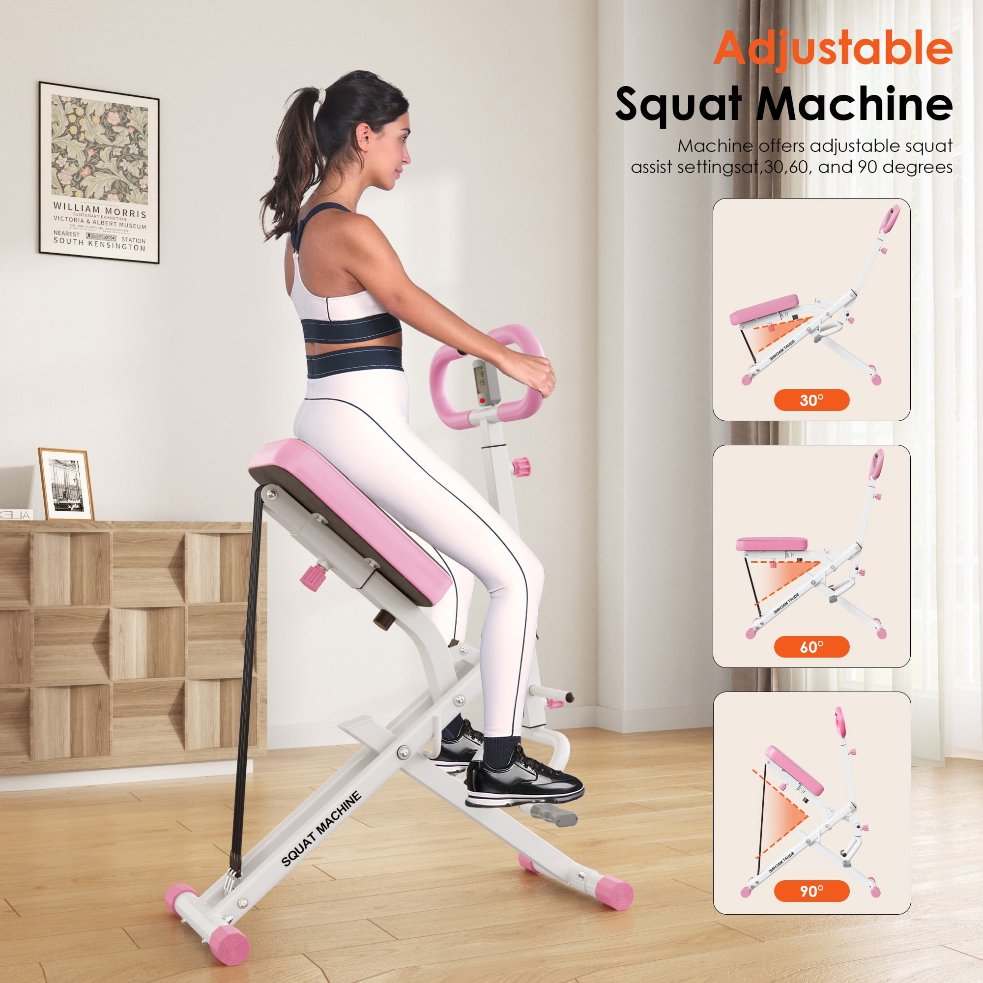 Soges Squat Machine for Home Gym, Foldable Squat Assist Trainer for Glutes Workout, Squat Rowing Machine with Adjustable Resistance and Optional Full Motion, Squat machine for Women,Pink