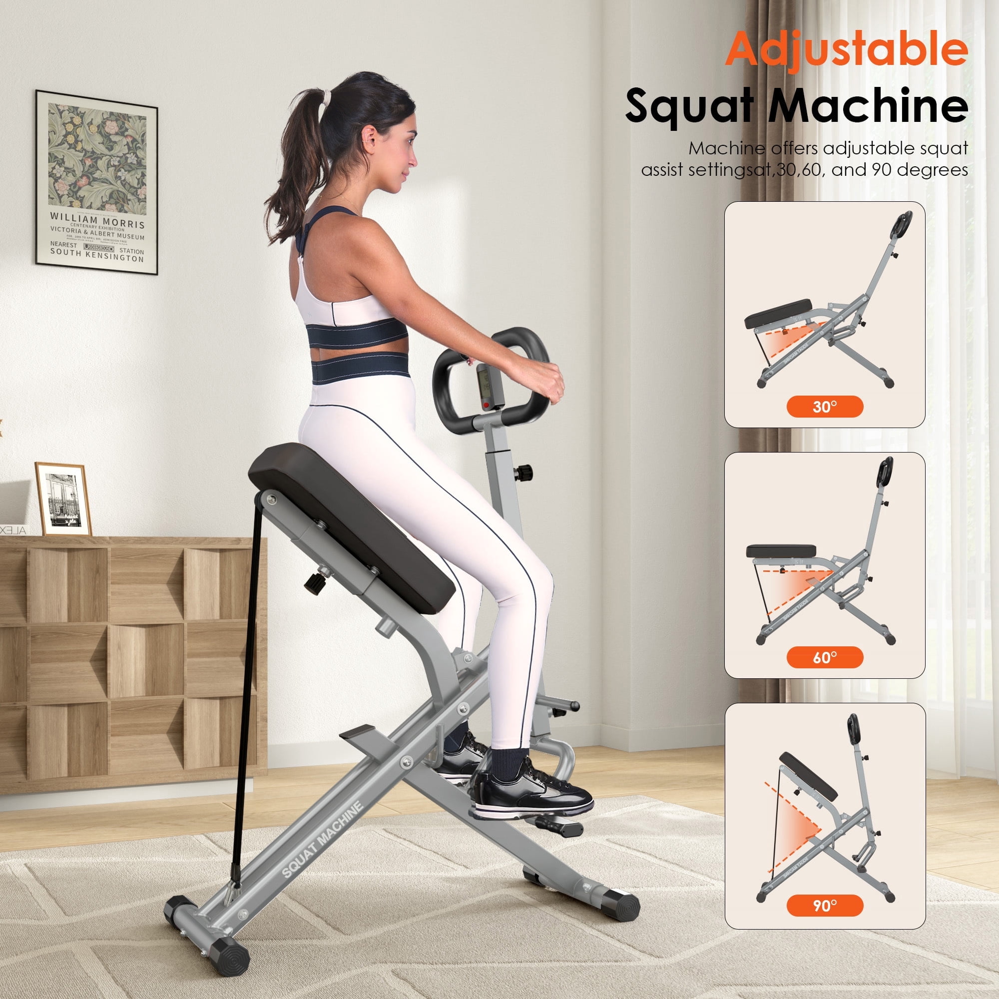Soges Squat Machine for Home Gym, Foldable Squat Assist Trainer for Glutes Workout, Squat Rowing Machine with Adjustable Resistance and Optional Full Motion, Squat machine for Women, Black & Silver