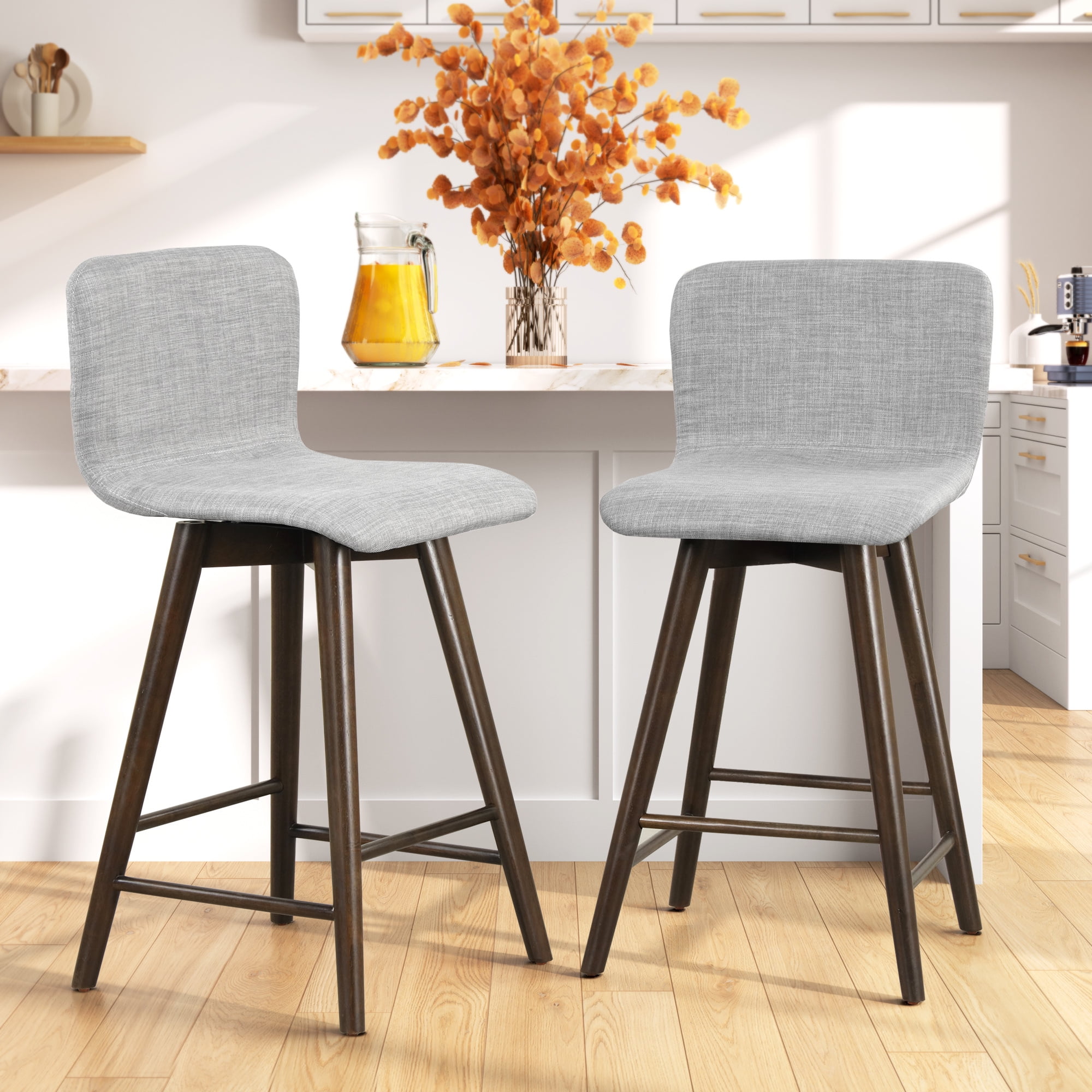 Gray Linen Upholstered Swivel Counter Stool with Solid Wood Legs
