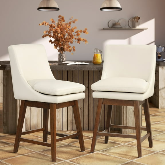 Soges Swivel Bar Stool with Cushion Set of 2, PU Leather Counter Height Bar Chair with Rubber Wood Legs, White