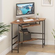 Soges Triangle Computer Desk, 28inch Corner Desk Computer Desk for Small Space, Corner Table with Storage Shelf and Keyboard Tray, Rustic Brown