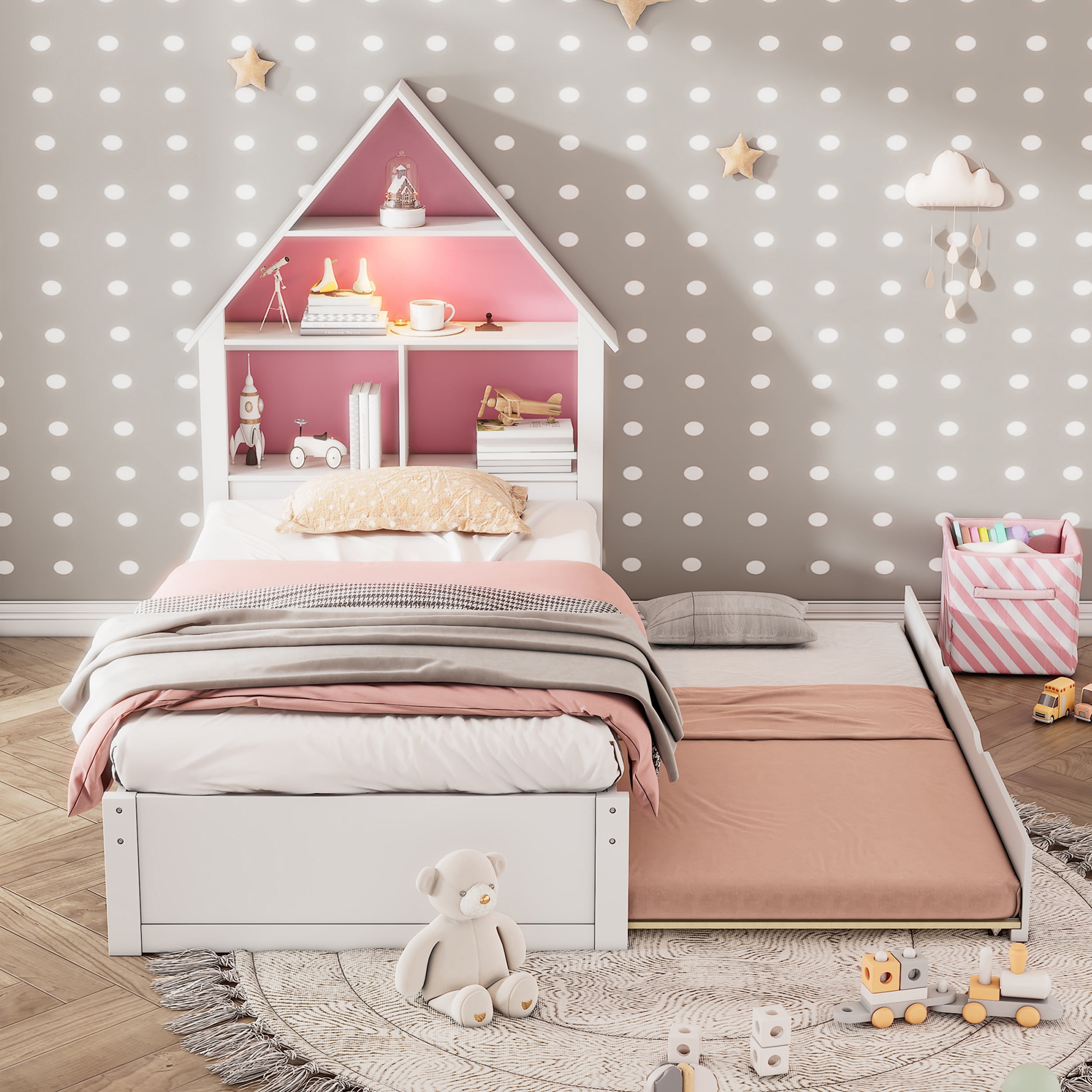Soges Twin Bed Frame with Trundle and Storage Bookcase, House-Shaped Bed Frame with Led Light for Kids Girls Boys, Wood Platform Bed Frame with Headboard, No Box Spring Needed, 250 lb Capacity, Pink