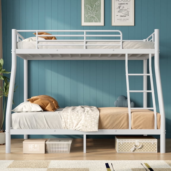 Soges Twin Over Full Bunk Bed Metal Bed Frame with Ladders, Heavy Duty Sturdy Bed Frame with Safety Guardrail For Adults, No Box Spring Needed, White