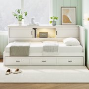 Soges Twin Size L-Shaped Day Bed Frame with 3 Drawer and Bookcase, Platform Sofa Bed with Charging Station, LED Downlight, Corner DayBed Wooden Captain Bed for Adult, No Box Spring Needed, White