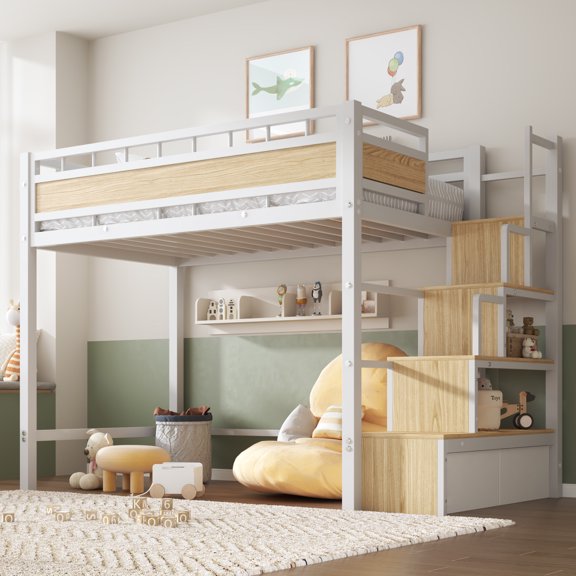 Soges Twin Size Metal Loft Bed with Storage Stairs&Shelves, Modern Metal Loft Bed Frame With Large Under-Bed Space for Bed Room, No Box Spring Needed, White