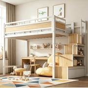 Soges Twin Size Metal Loft Bed with Storage Stairs&Shelves, Modern Metal Loft Bed Frame With Large Under-Bed Space for Bed Room, No Box Spring Needed, White