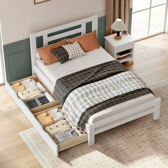 Soges Twin Size Platform Bed Frame with 2 Drawers, Modern Twin Solid Wood Platform Bed for Adults, Traditional Boho Bed Platform with Headboard, Noise Free, No Box Spring Needed, White