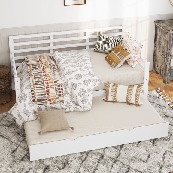 Soges Twin Size Wood Daybed with Pop Up Trundle, Platform Bed Sofa Bed Frame with Adjustable Trundle for Bedroom Living Room, No Box Spring Needed, White